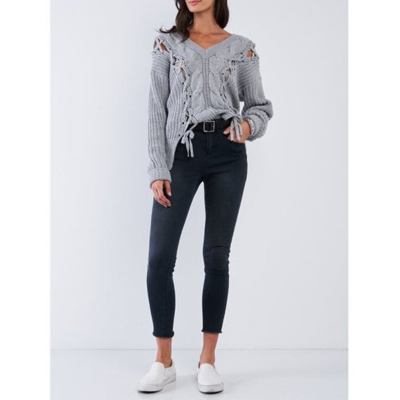 Boho Gray Lace Up Front Cable Knit Sweater Tunic - Picture 3 of 5